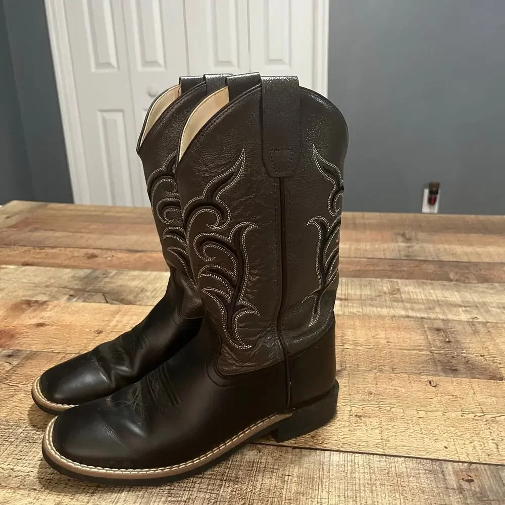 Old West Kids Brown Black Leather Go Round Square Toe Cowboy Boots Sz 5.5D
